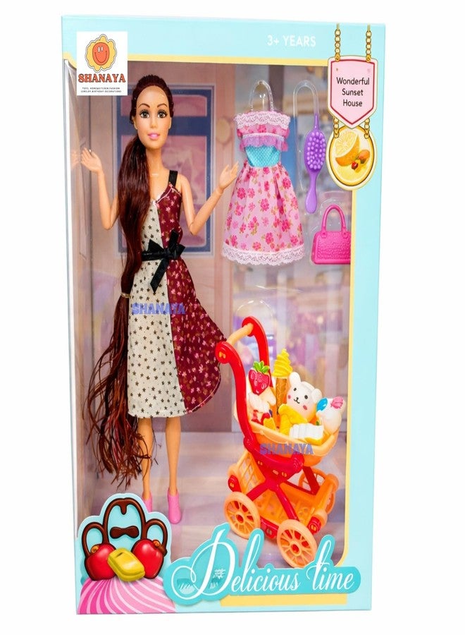 SHANAYA Beautiful Fashion Doll Toy Set for Girls Age 3 Years & Above with Folding Hands Legs Colored Hair Shining Dress & Dessert Ice Cream Play Food Accessories - Image 1